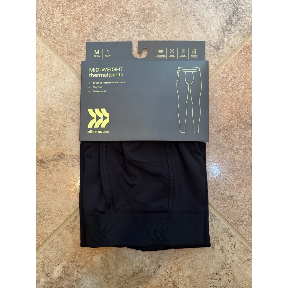Men's All In Motion Black Mid-Weight Thermal Pants Medium 32-34 NWT Side Pocket